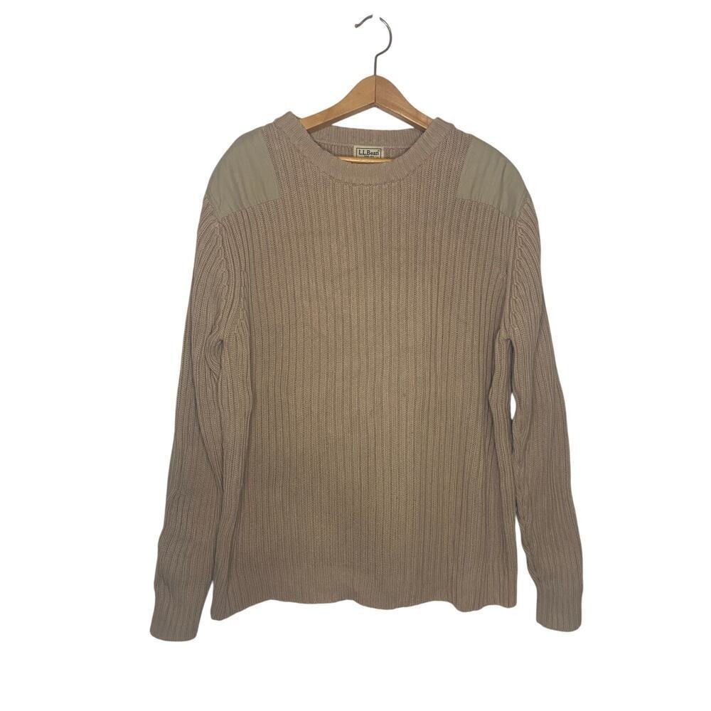 LL Bean Mens Ribbed‎ Cable Knit Tan Brown Commando Crew Neck Sweater Large